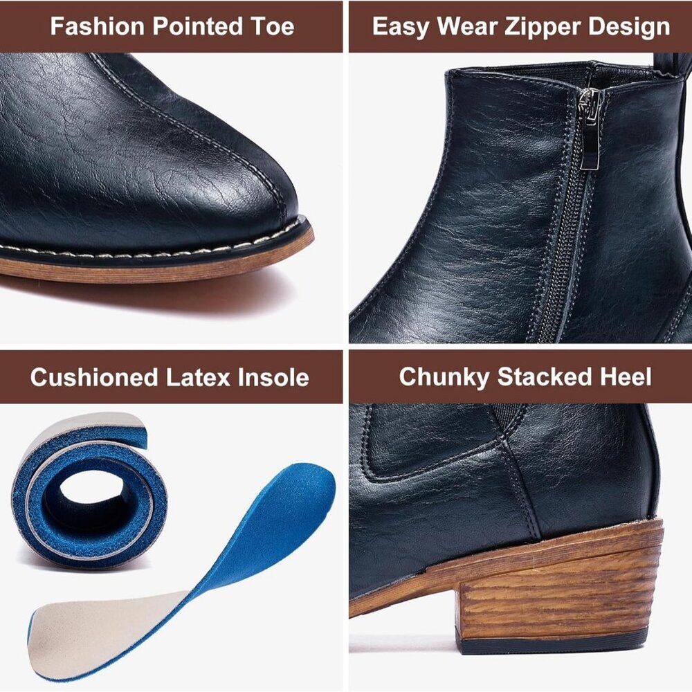 Women's Black Ankle Boots Mid-height Heels Chelsea Zipper Dressy Booties - Picture 3 of 7